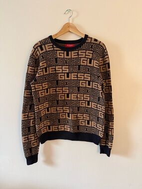 Guess Los Angeles Allover Logo Monogram Knit Sweater Black Camel